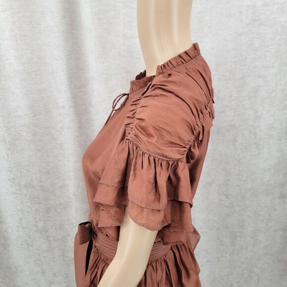 Current Air Flutter Sleeve Tiered Mini Dress Bronze Brown Belted - Picture 9 of 14